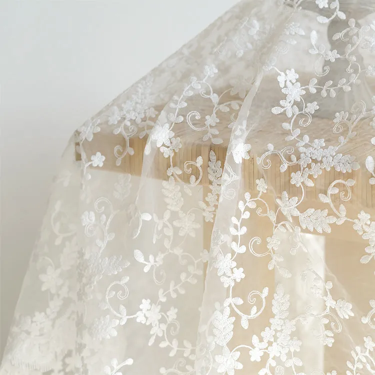 135cm Width Organza Botanical Vine Floral Embroidery Wedding Lace Fabric by The Yard