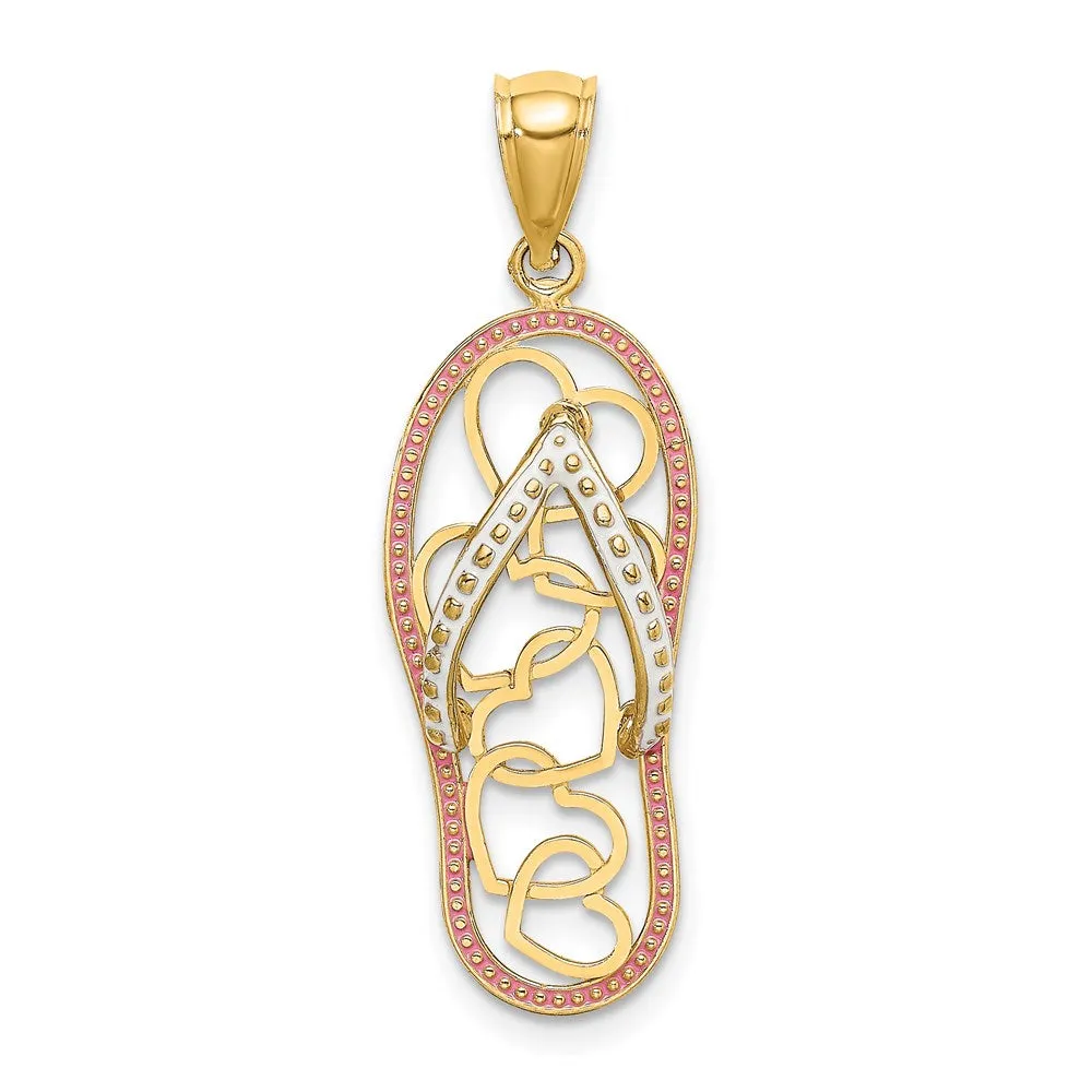 14K Multi Heart Flip-Flop w/ Pink and White Enamel Charm
