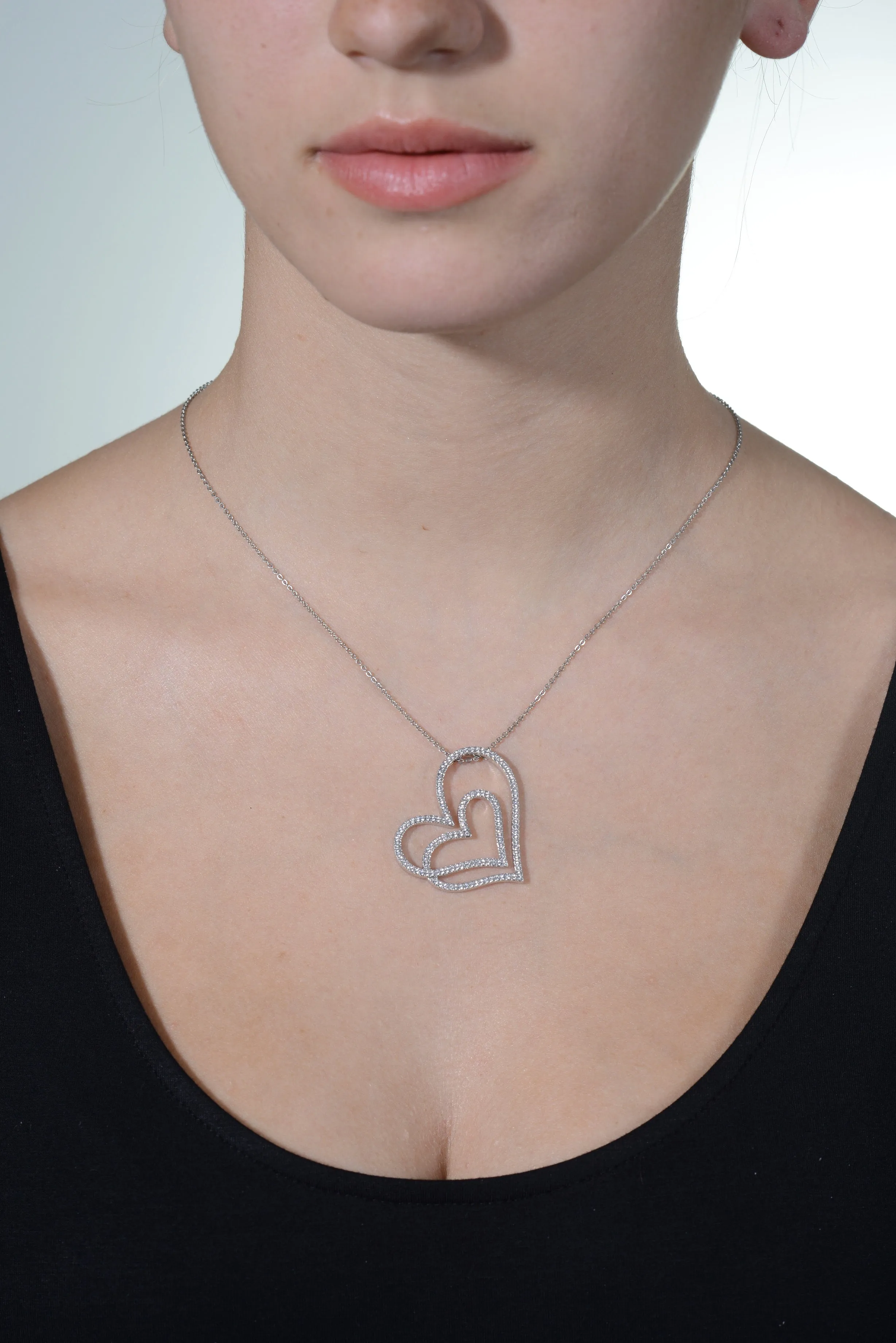 14k White Gold CZ Double Side Heart Pendant Necklace