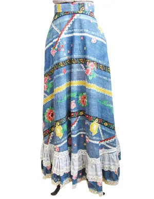 1970s Maxi Skirt Denim Print Flowers