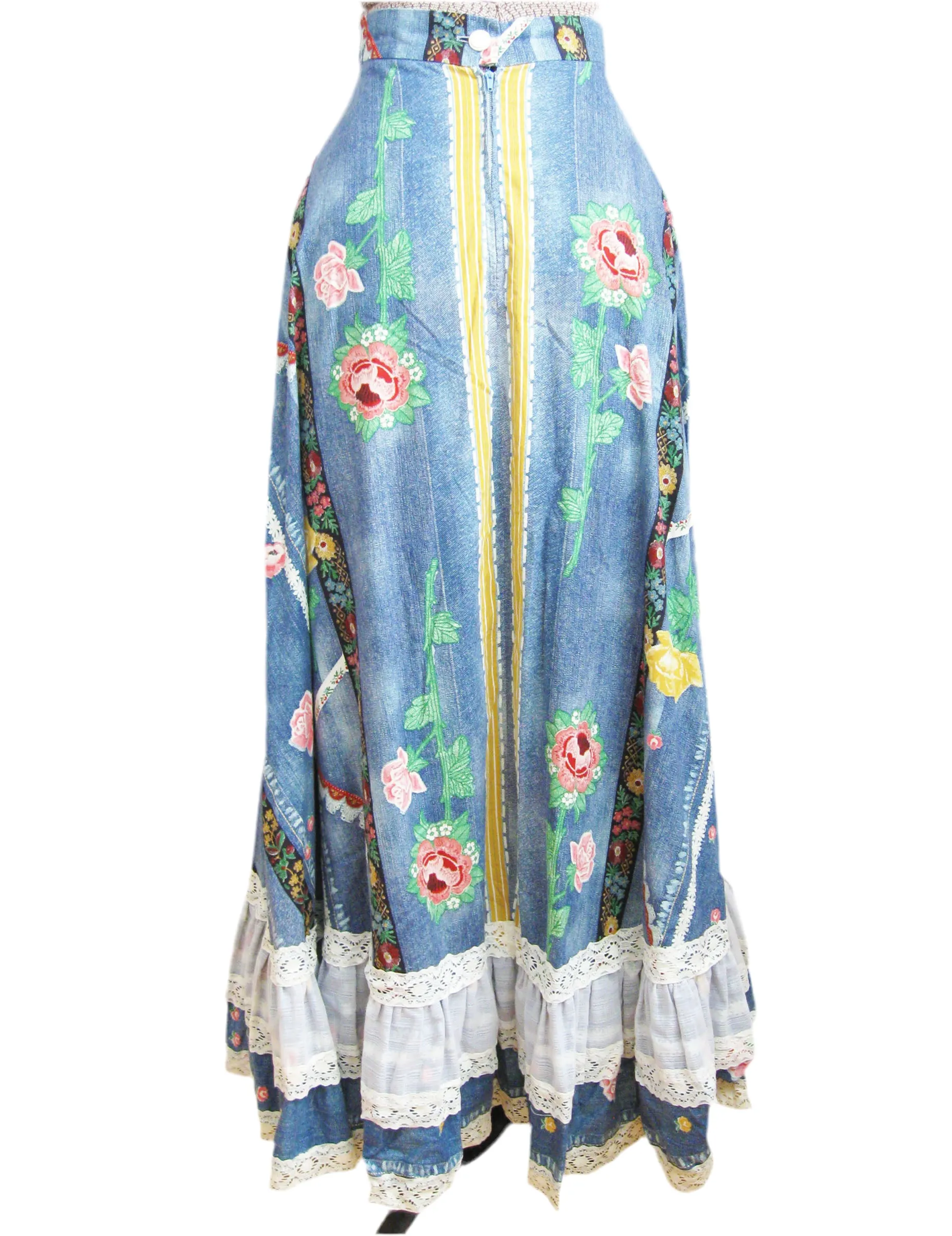 1970s Maxi Skirt Denim Print Flowers