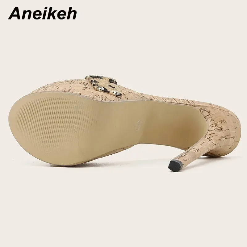 Aneikeh Sexy Leopard Platform Sandals High Heels Summer Slippers