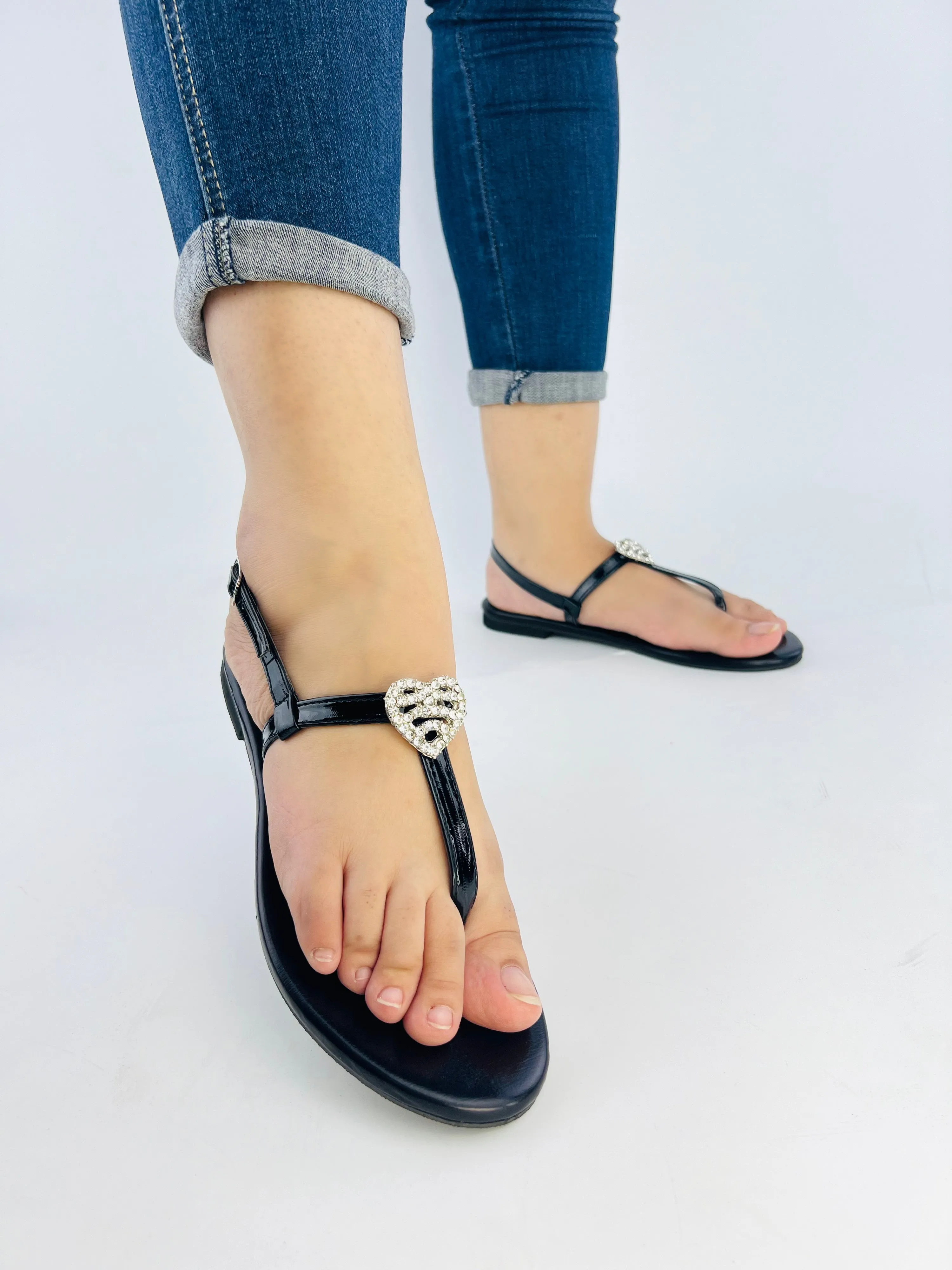 Anya Metallic Black T-Strap Flat Flip Flop Thong Sandals-11071