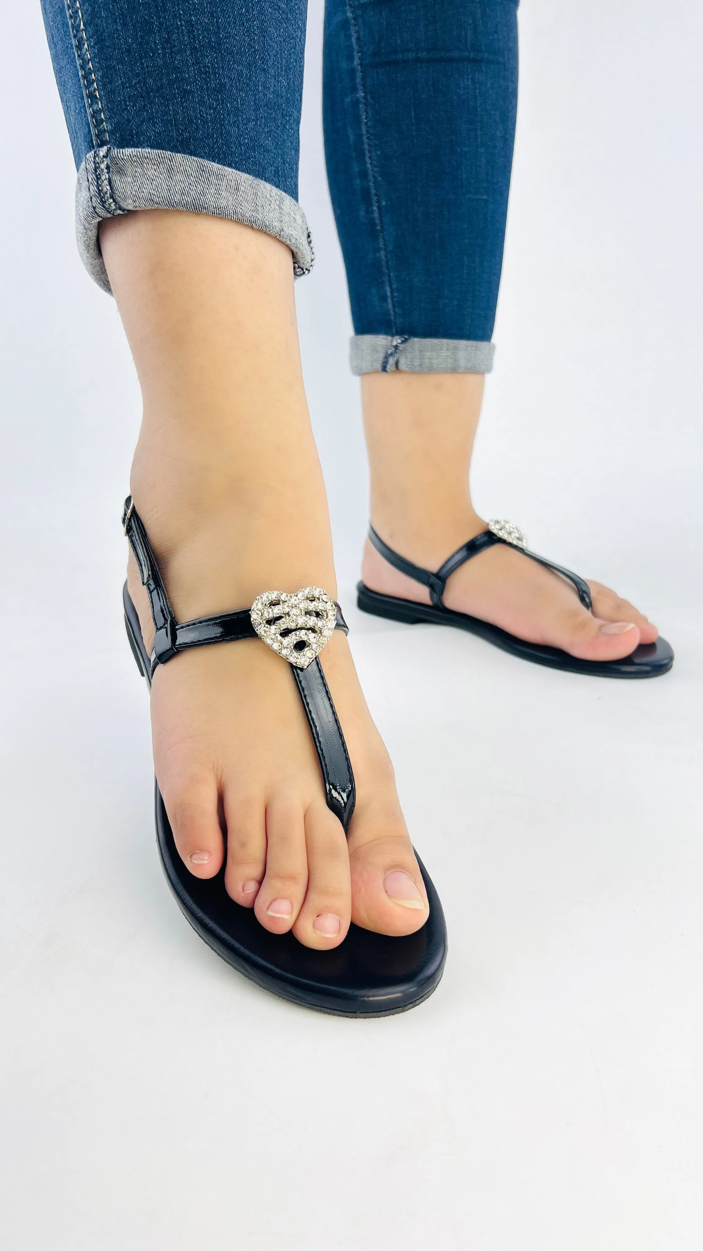 Anya Metallic Black T-Strap Flat Flip Flop Thong Sandals-11071