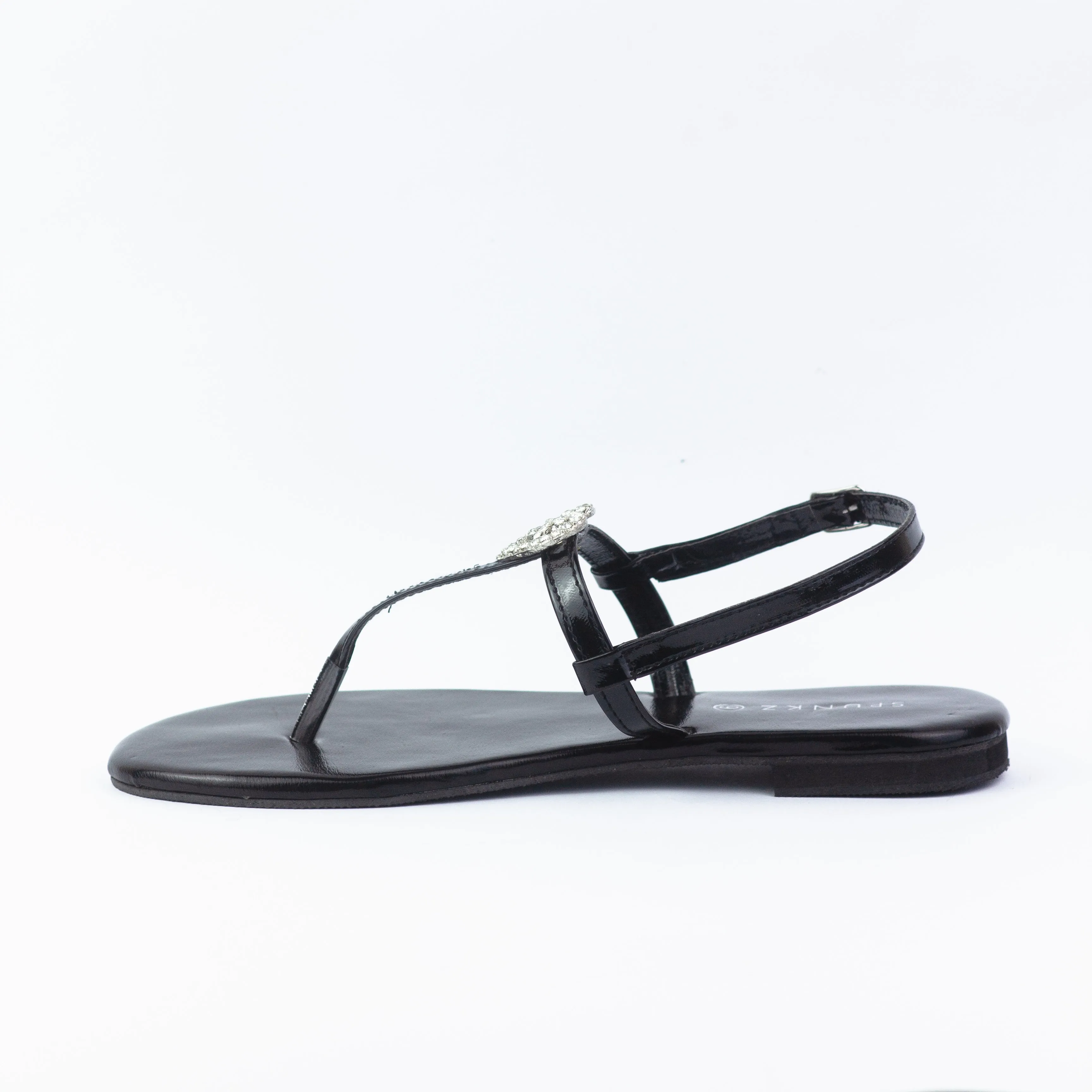 Anya Metallic Black T-Strap Flat Flip Flop Thong Sandals-11071