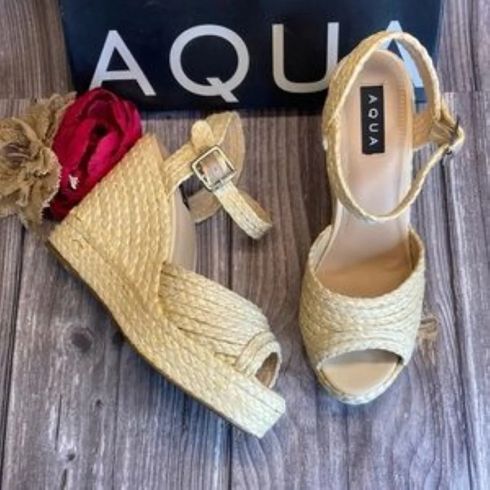 Aqua Rose Natual Raffia Wedge Espadrille Sandals  10M