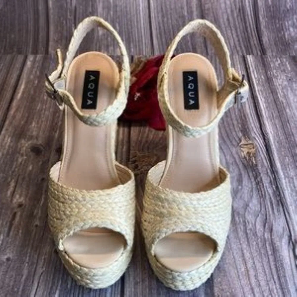 Aqua Rose Natual Raffia Wedge Espadrille Sandals  10M
