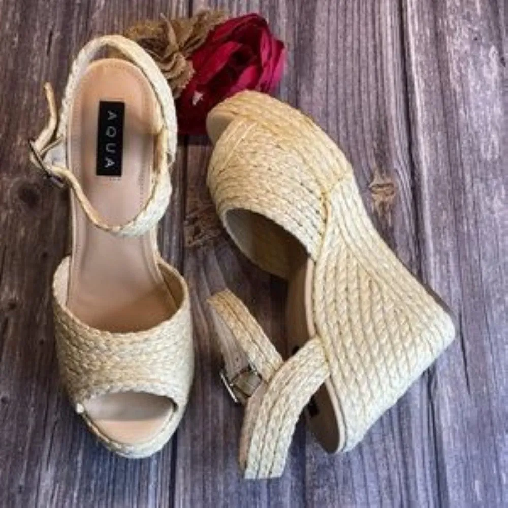 Aqua Rose Natual Raffia Wedge Espadrille Sandals  10M