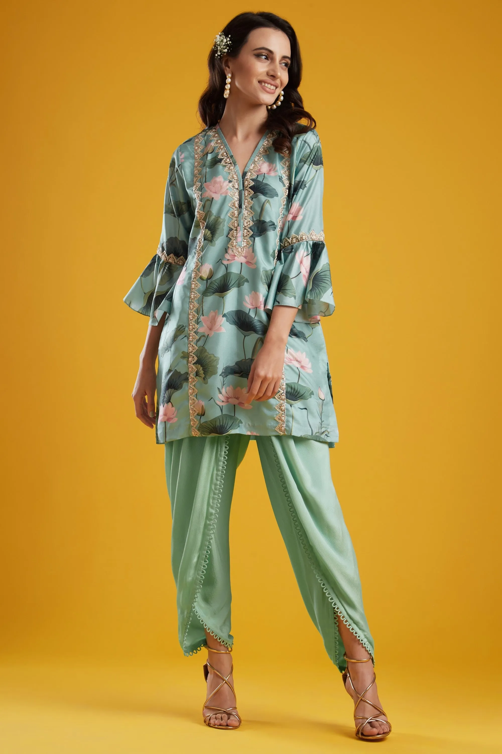 Aqua Tunic With Dhoti Set