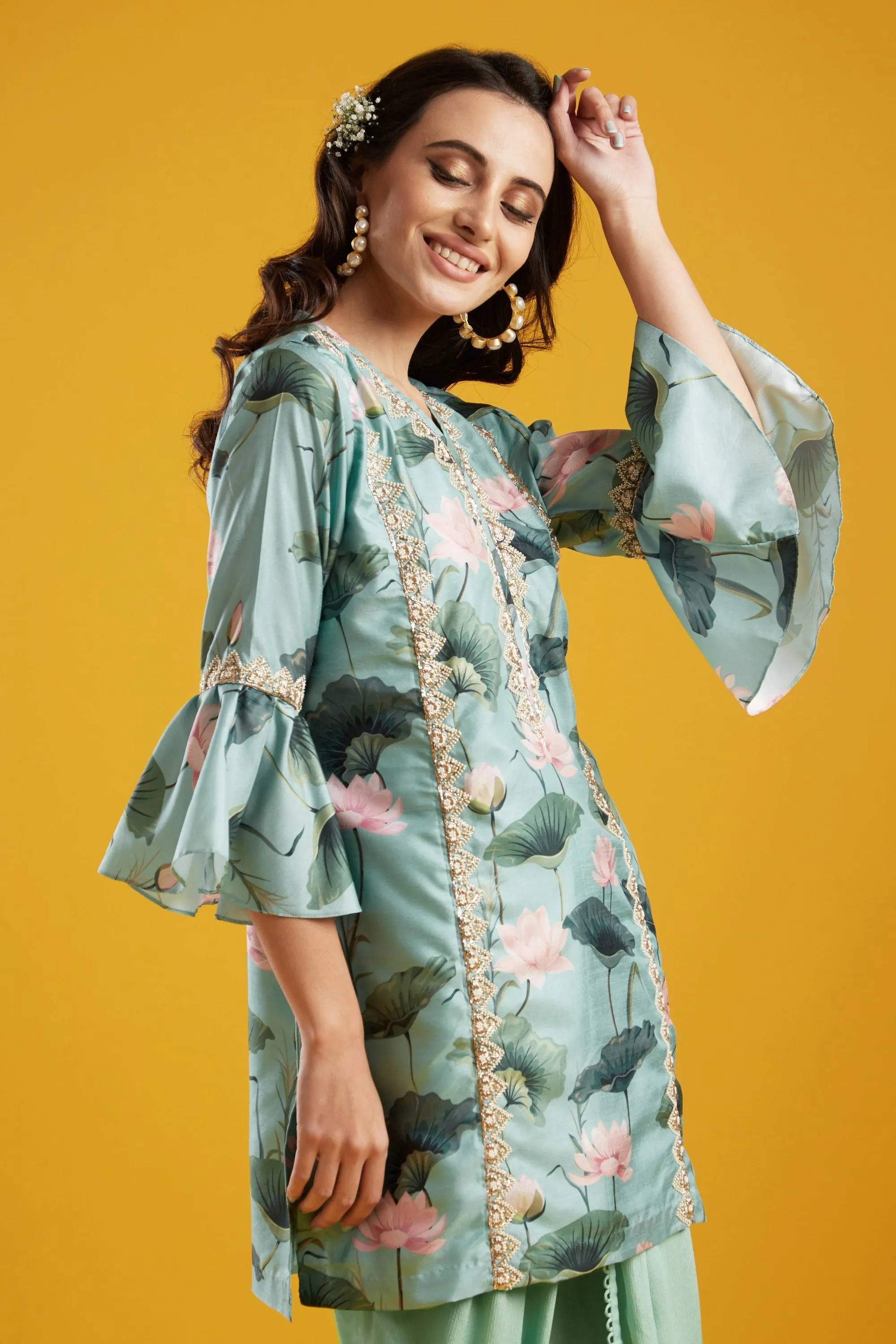 Aqua Tunic With Dhoti Set
