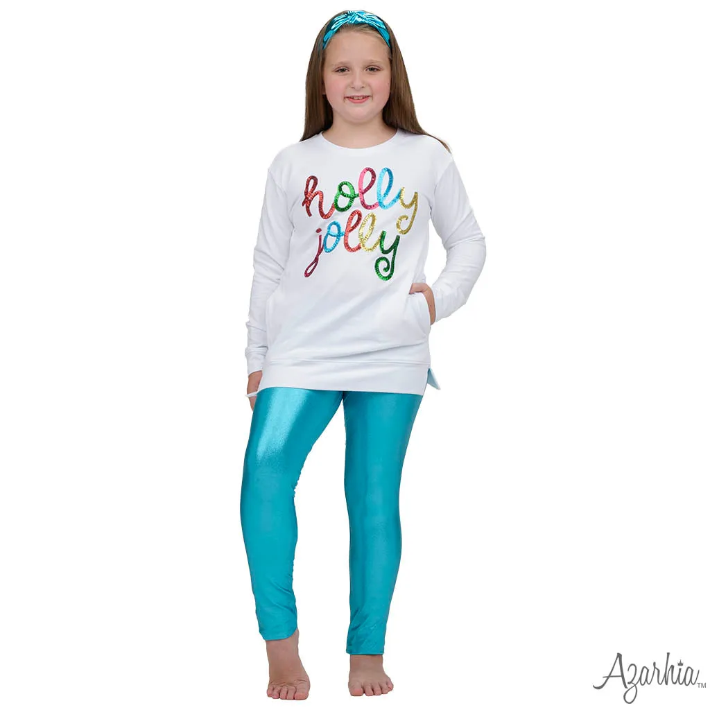 Azarhia Christmas Holly Jolly Sequins Tunic Pocket Shirt - White