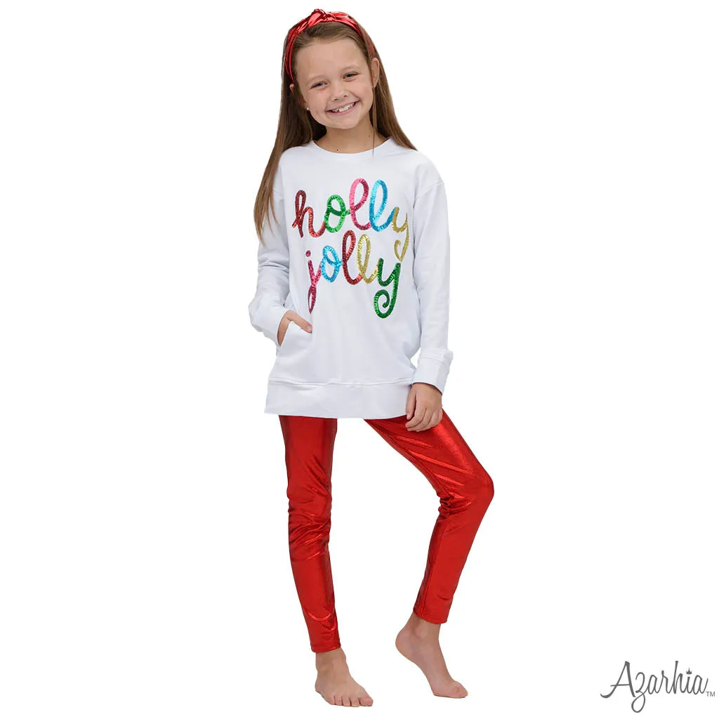 Azarhia Christmas Holly Jolly Sequins Tunic Pocket Shirt - White