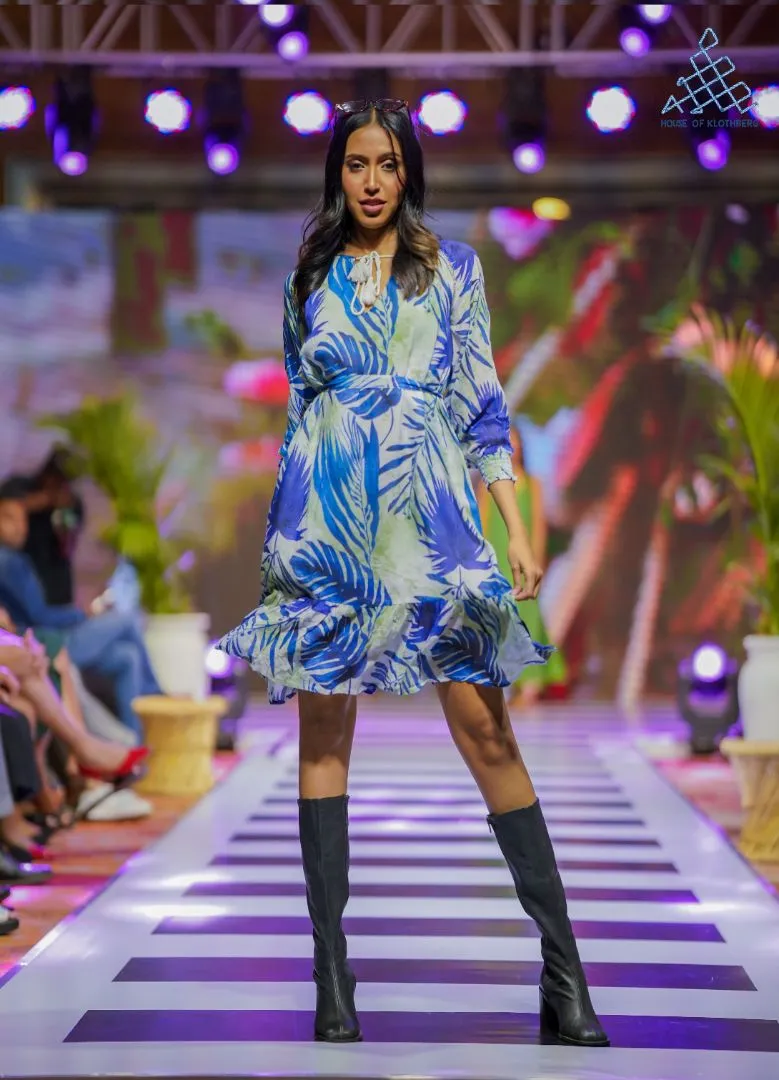 Azure Leaf Tie-Up Midi Dress