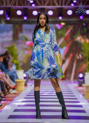 Azure Leaf Tie-Up Midi Dress