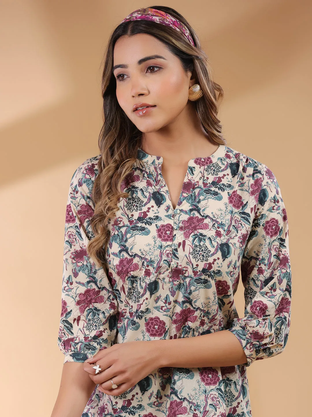 Beige Pure Cotton Floral Printed Straight Tunic  - By Janasya