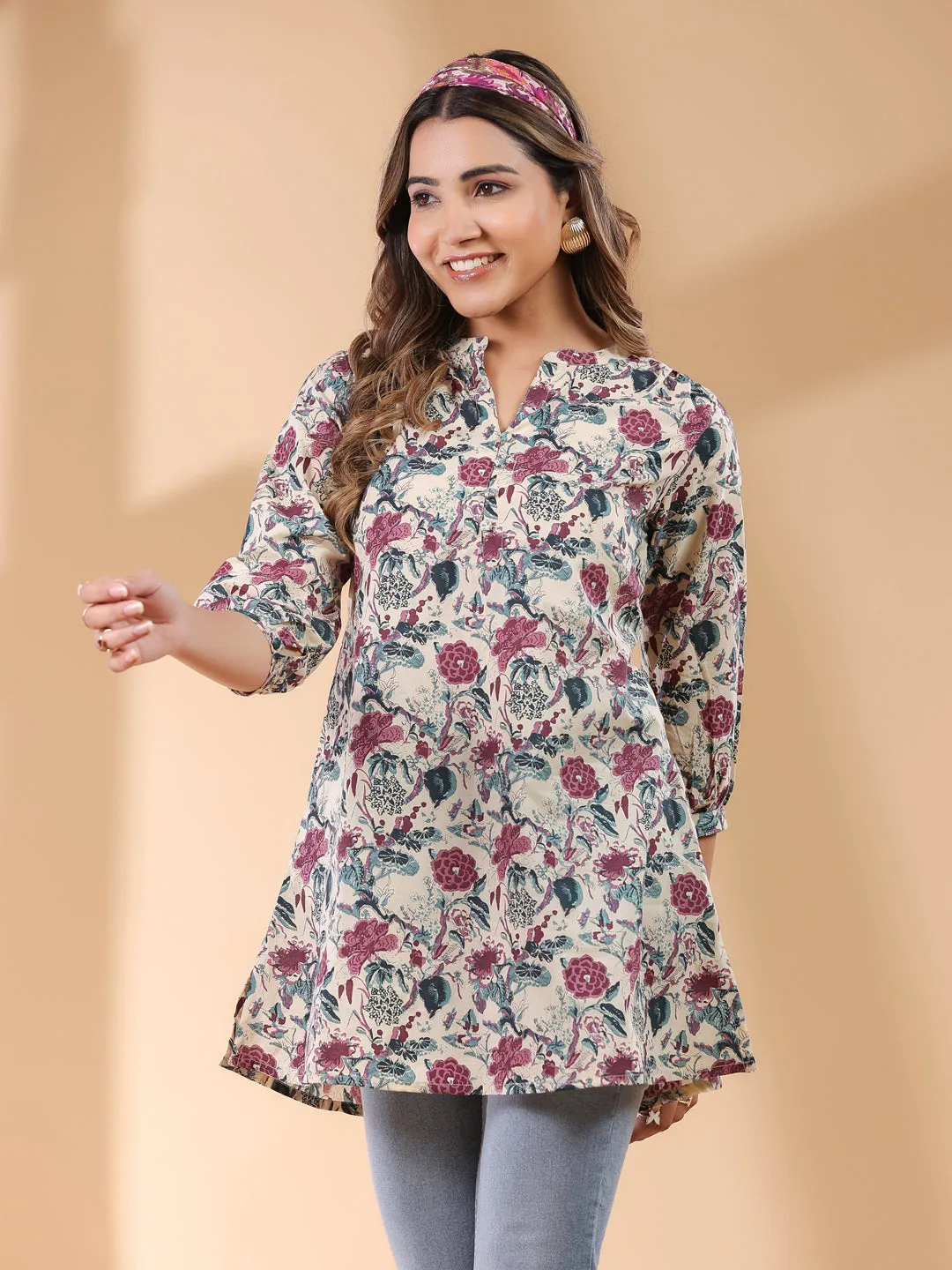 Beige Pure Cotton Floral Printed Straight Tunic  - By Janasya