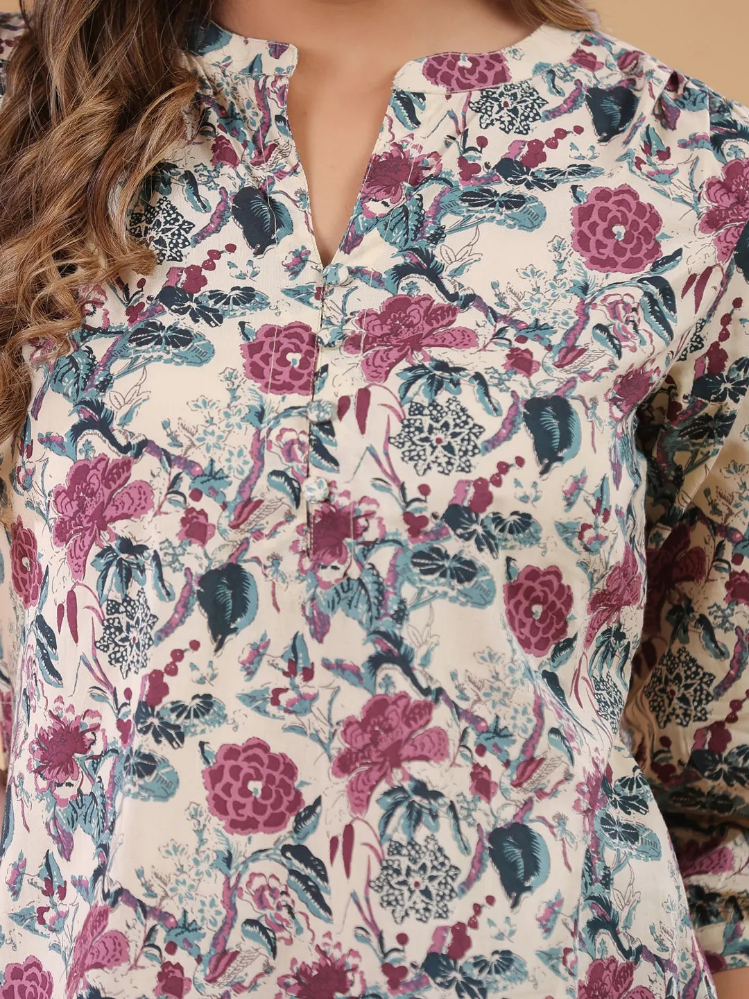 Beige Pure Cotton Floral Printed Straight Tunic  - By Janasya