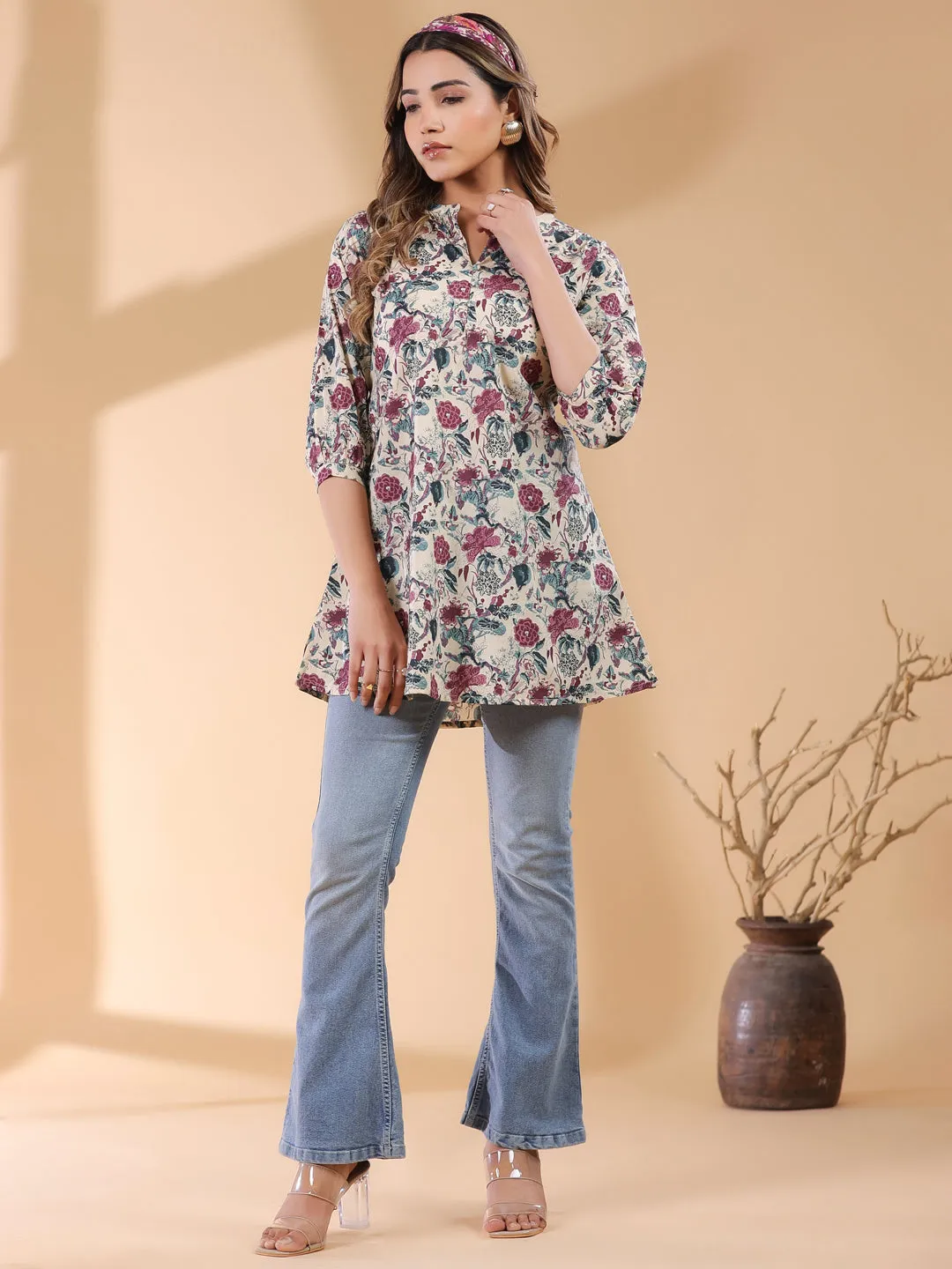 Beige Pure Cotton Floral Printed Straight Tunic  - By Janasya