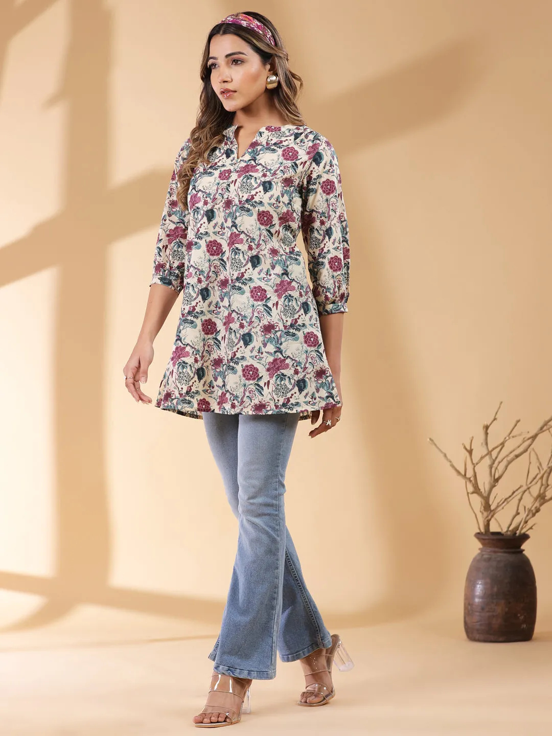 Beige Pure Cotton Floral Printed Straight Tunic  - By Janasya