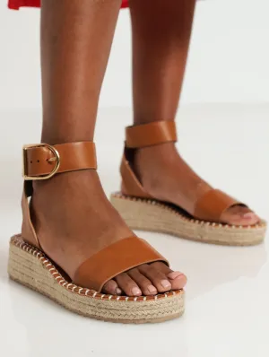 Big Buckle Espadrille Mini-Wedge Sandal - Tan