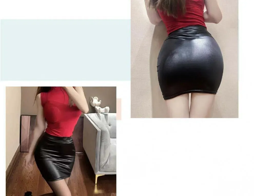 Black Slim High Waist Leather Pencil Mini Skirt