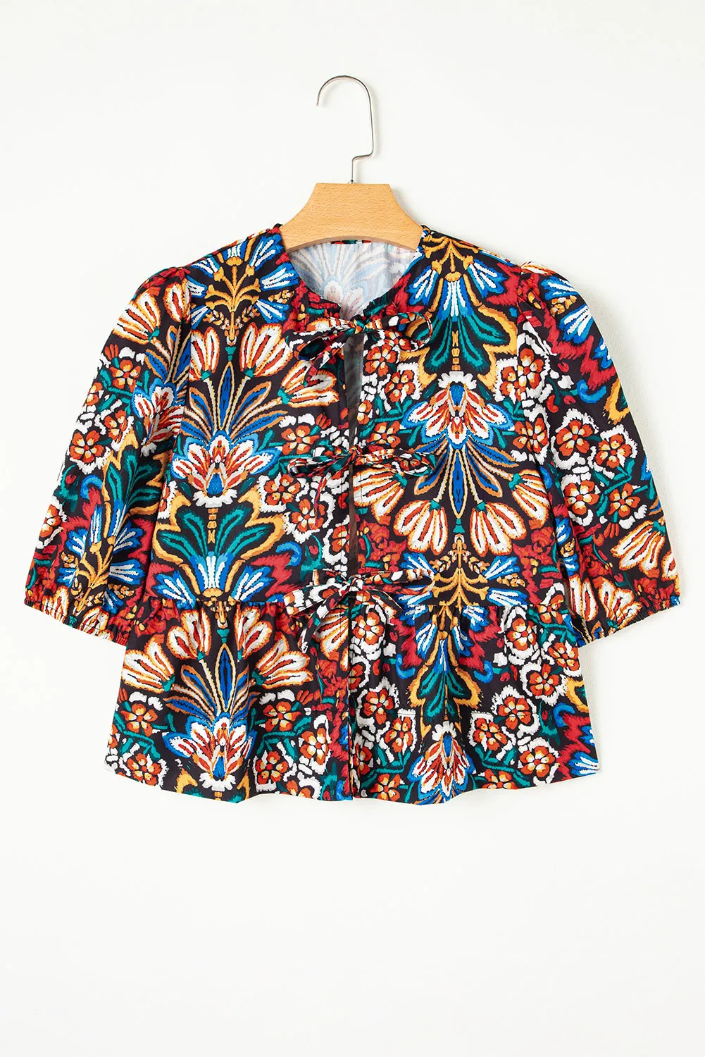 Black Tropical Print Bubble Sleeve Knot Front Blouse
