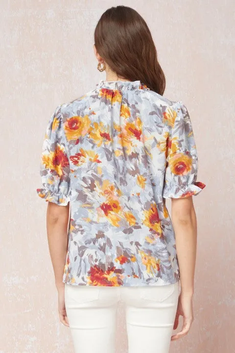 Blue Floral Mock Neck Top