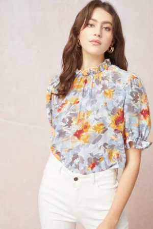Blue Floral Mock Neck Top
