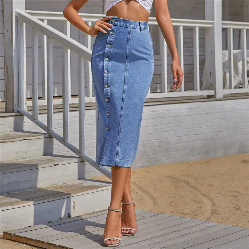 Button Up & Go Slit Denim Midi Skirt