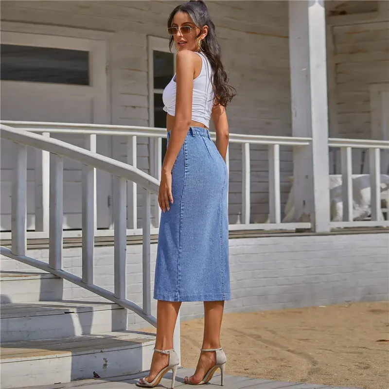 Button Up & Go Slit Denim Midi Skirt