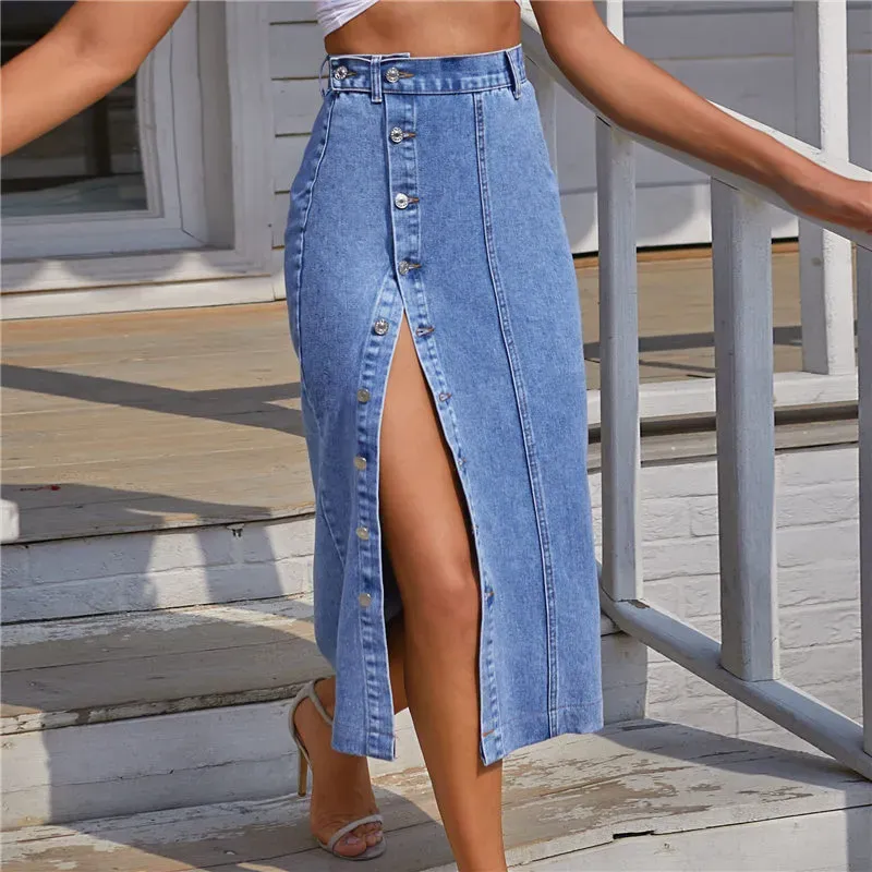 Button Up & Go Slit Denim Midi Skirt