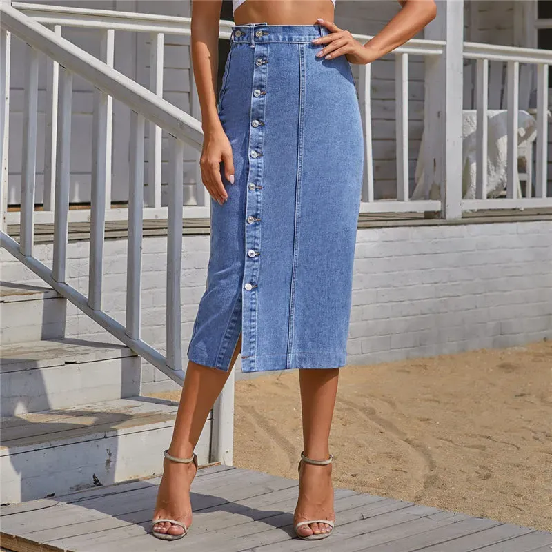 Button Up & Go Slit Denim Midi Skirt