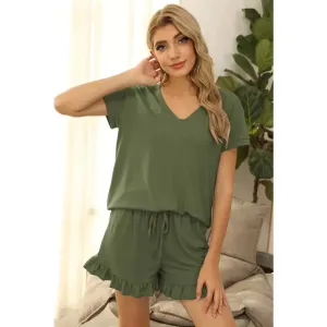 Cc Women′S Nightwear V-Neck Short Sleeves Tops And Drawstring Elastic Waist Ruffle Short CH # 336