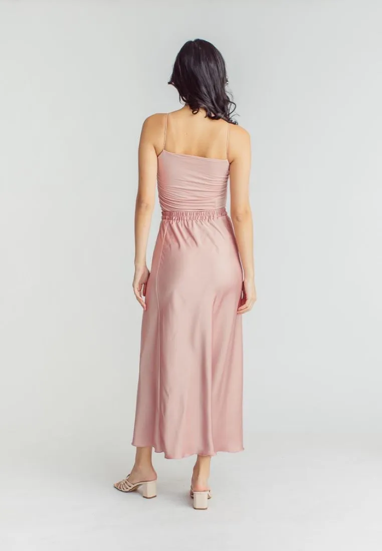 Chim Pink Silk Elastic Waist A-Line Midi Skirt