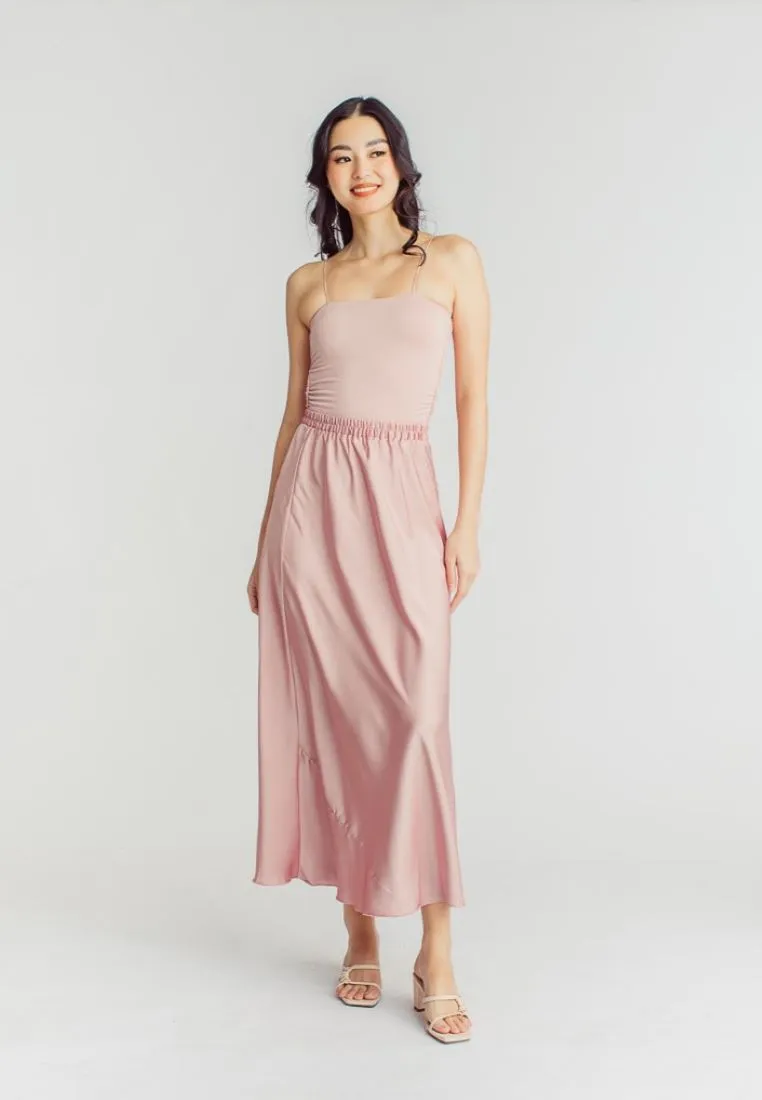Chim Pink Silk Elastic Waist A-Line Midi Skirt