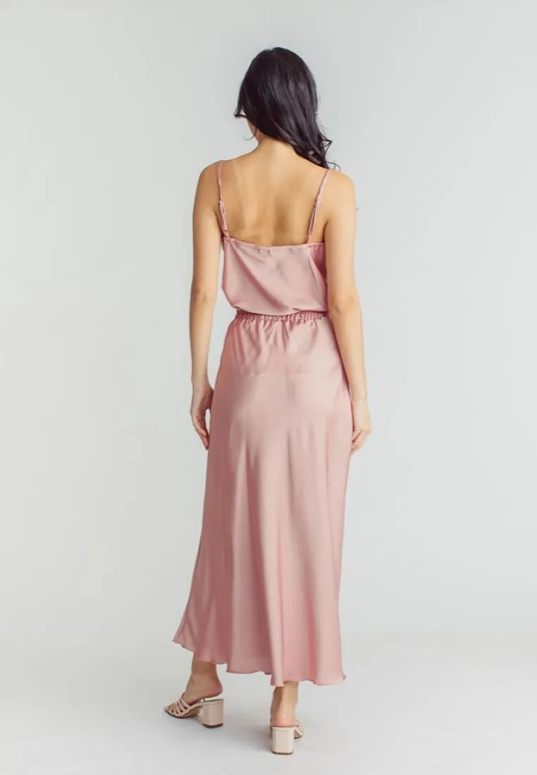 Chim Pink Silk Elastic Waist A-Line Midi Skirt