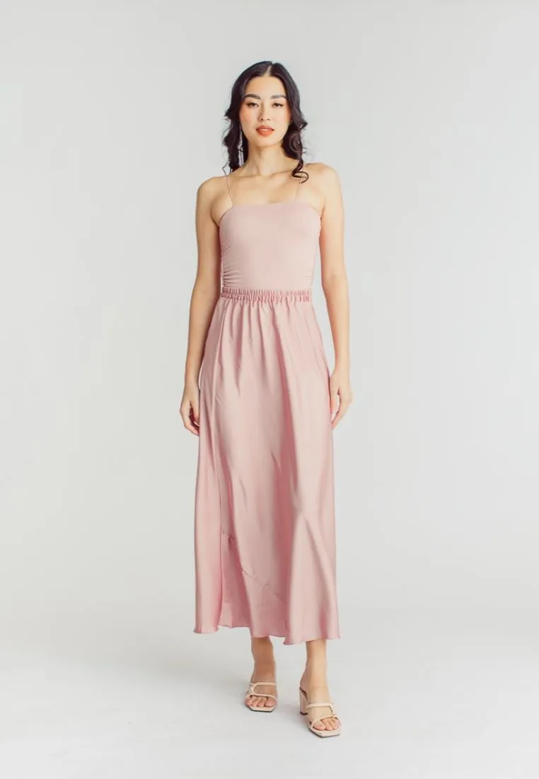Chim Pink Silk Elastic Waist A-Line Midi Skirt