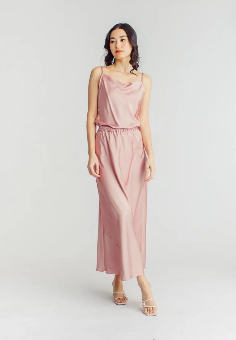 Chim Pink Silk Elastic Waist A-Line Midi Skirt