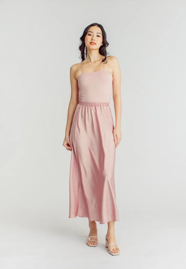 Chim Pink Silk Elastic Waist A-Line Midi Skirt