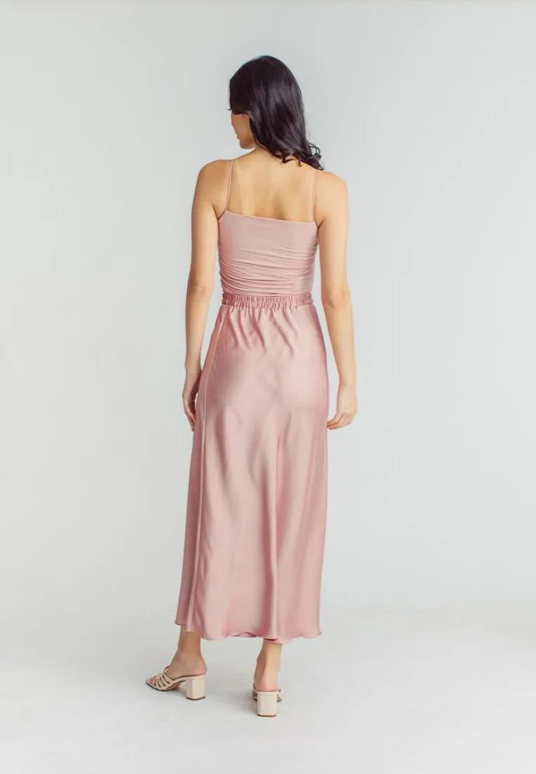 Chim Pink Silk Elastic Waist A-Line Midi Skirt