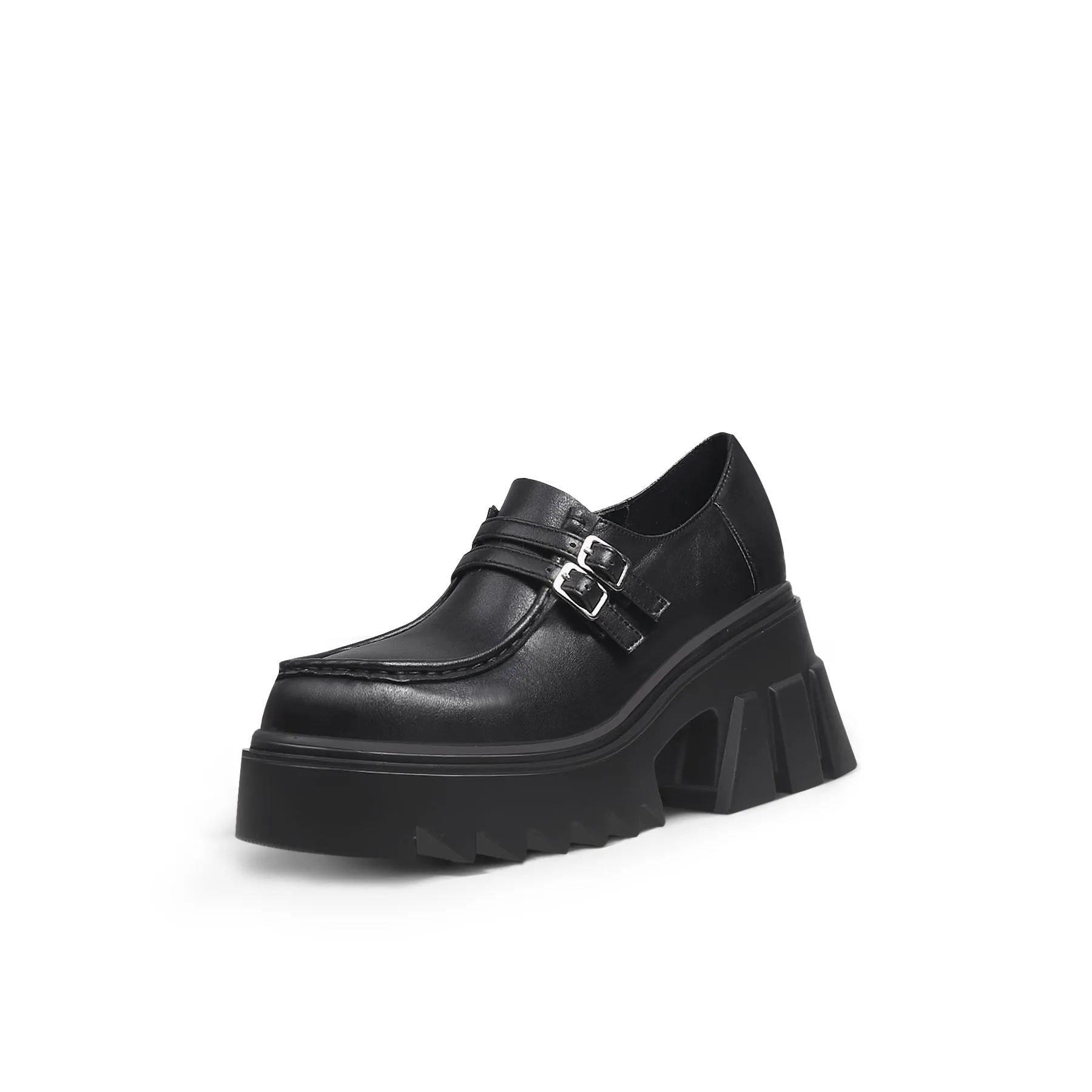 Chunky Heel Double-Buckle Loafer - Black