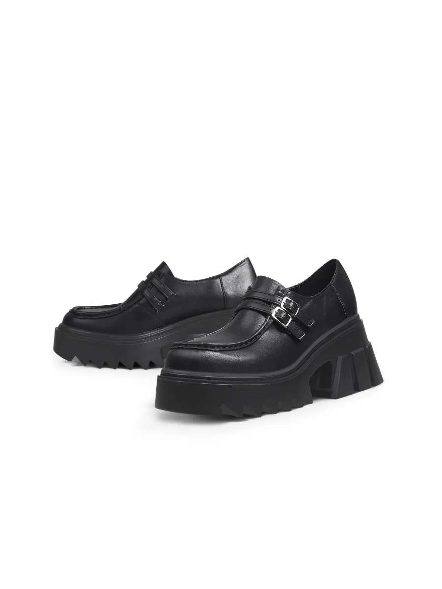 Chunky Heel Double-Buckle Loafer - Black