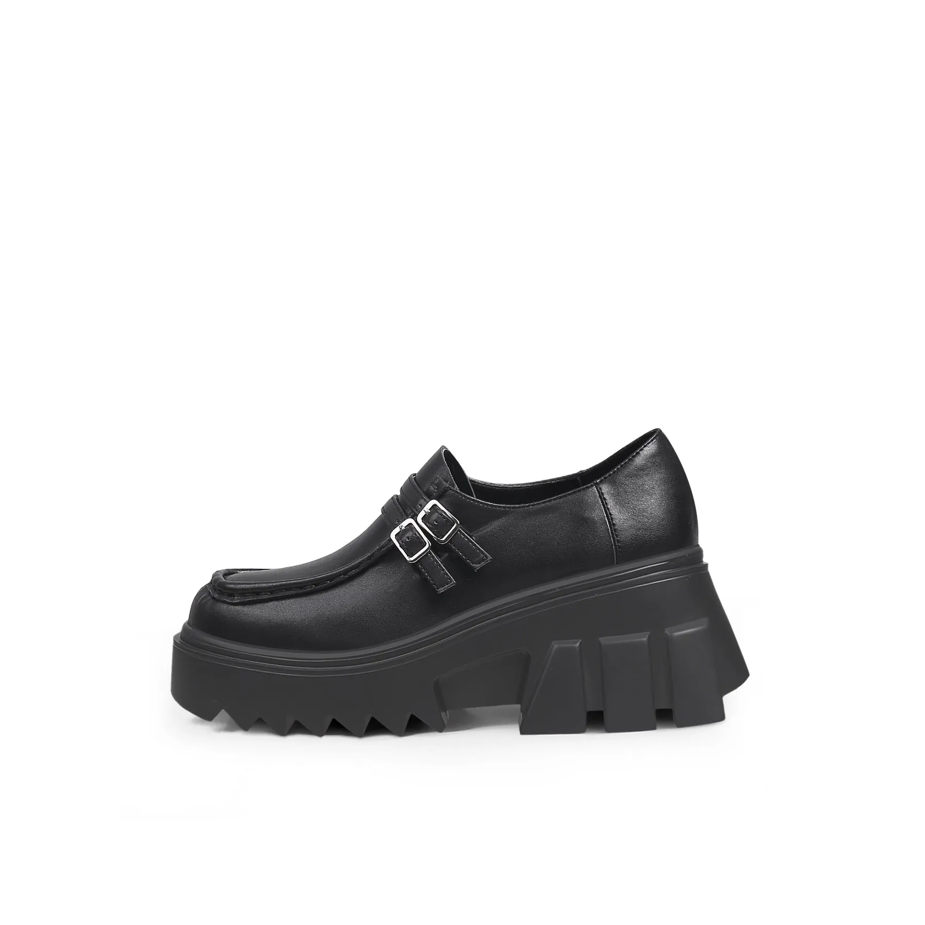 Chunky Heel Double-Buckle Loafer - Black