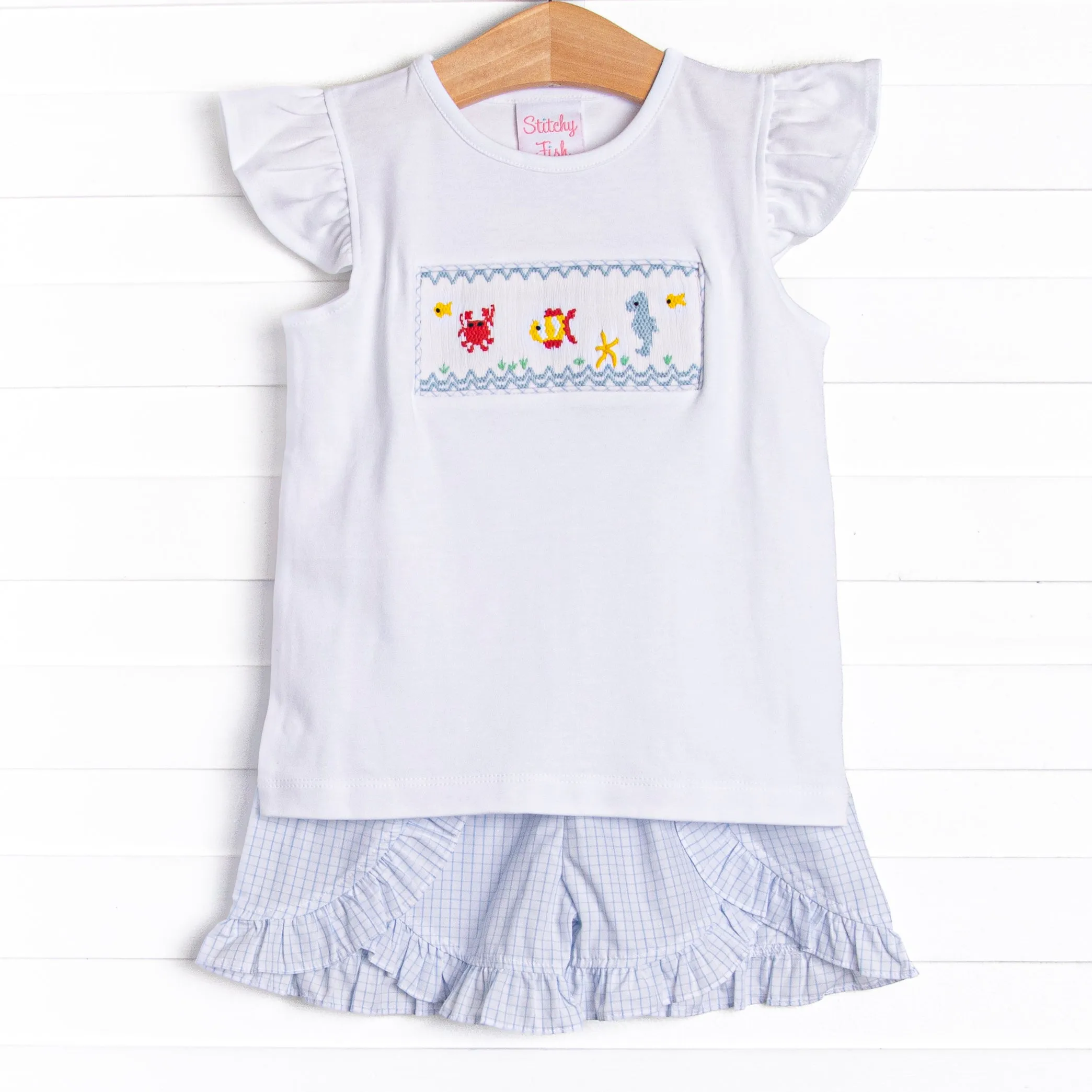 Coral Reef Commotion Smocked Ruffle Short Set, Blue