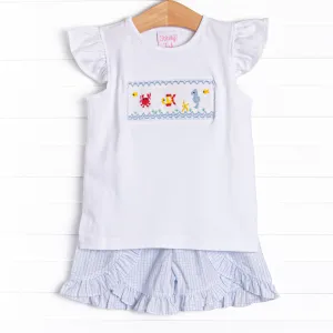 Coral Reef Commotion Smocked Ruffle Short Set, Blue