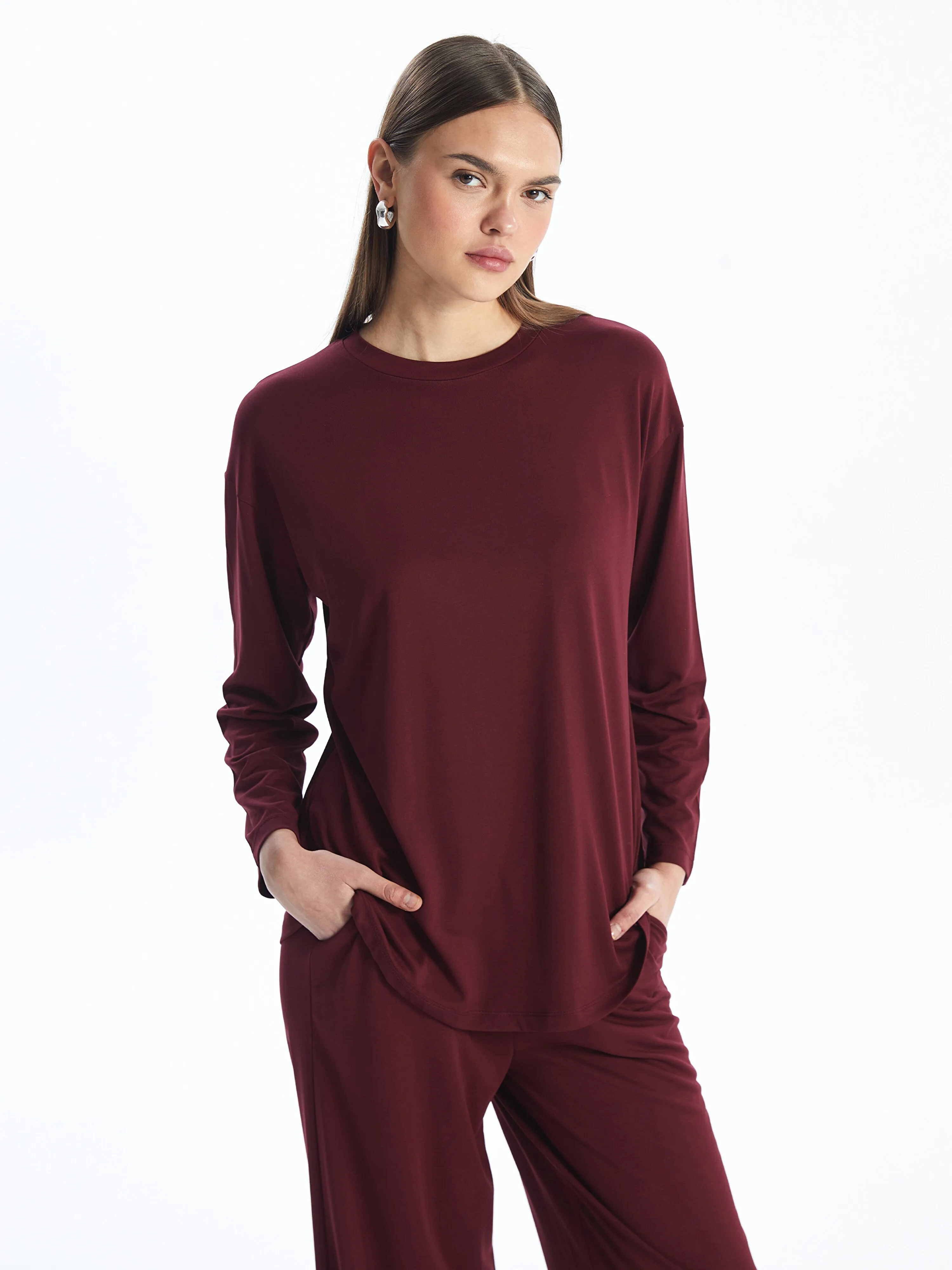 Crew Neck Plain Long Sleeve Women Tunic