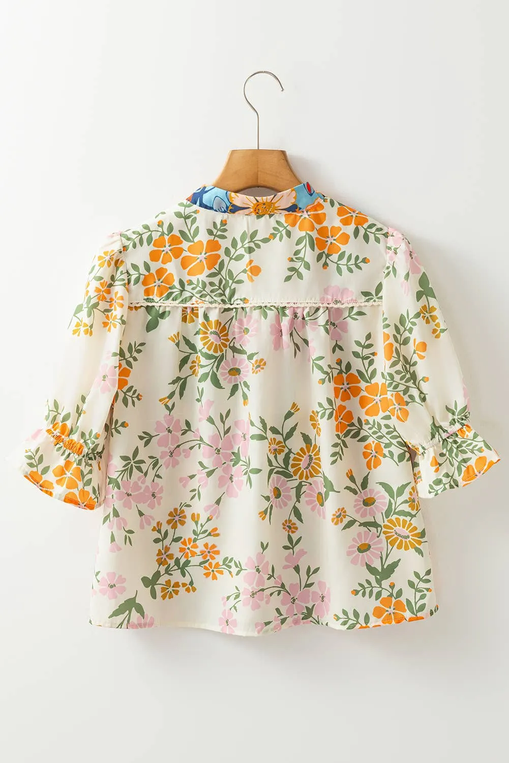 Crochet V Neck Half Sleeve Boho Floral Blouse: Multicolor