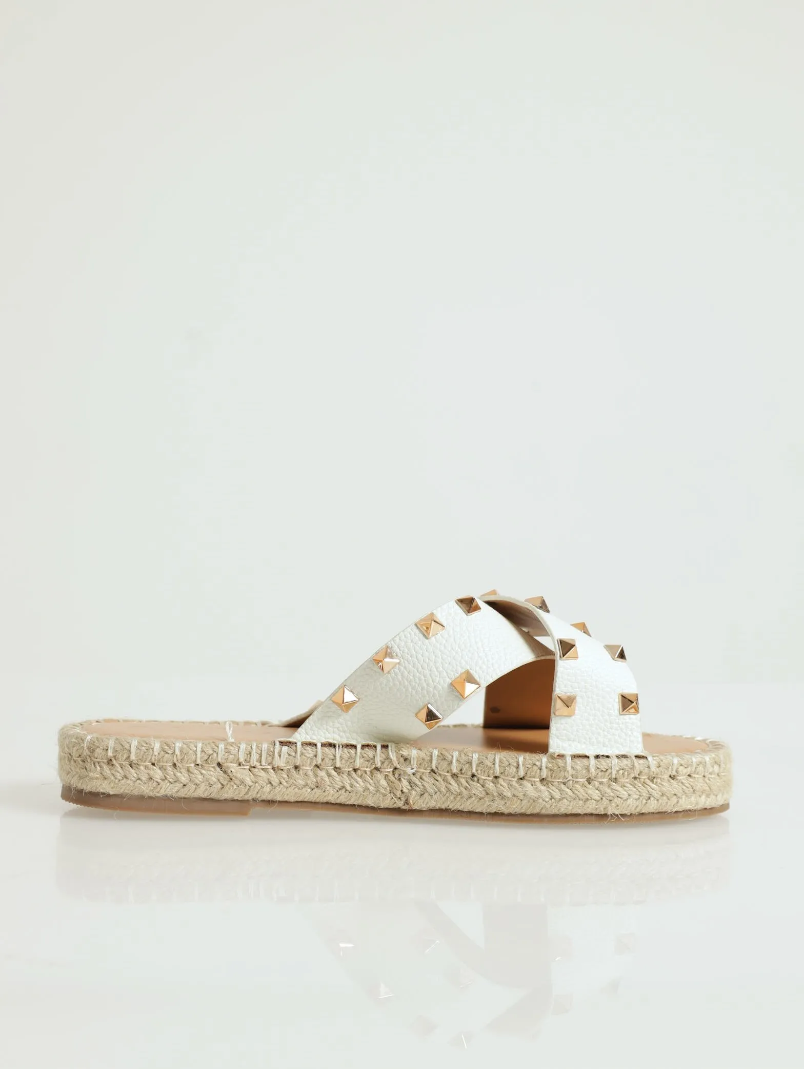 Cross-Over Studded Espadrille Flat Sandal - Cream