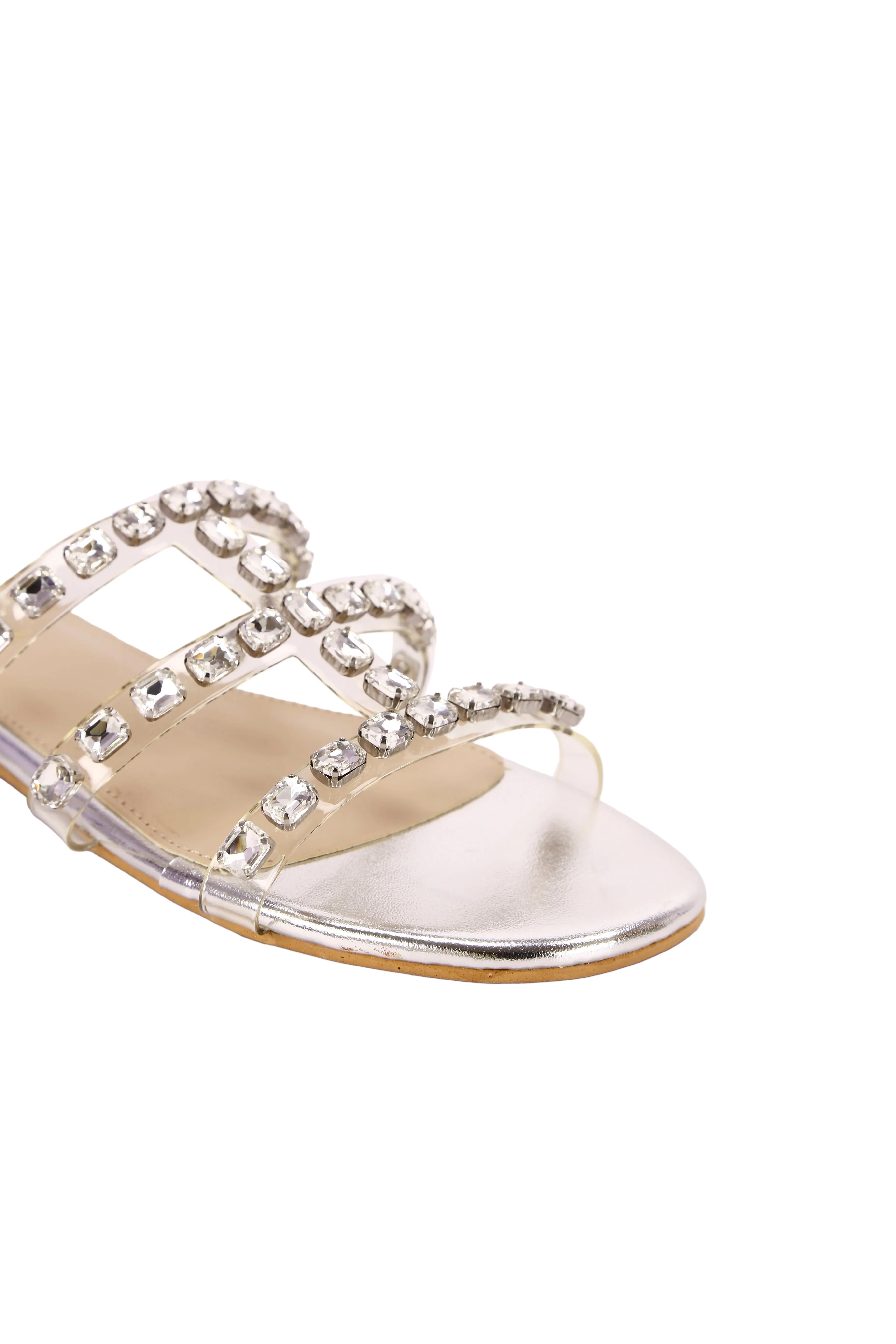 Crystal Elegance Silver Strappy Sandals for Women – Wedding & Party Flat Shoes