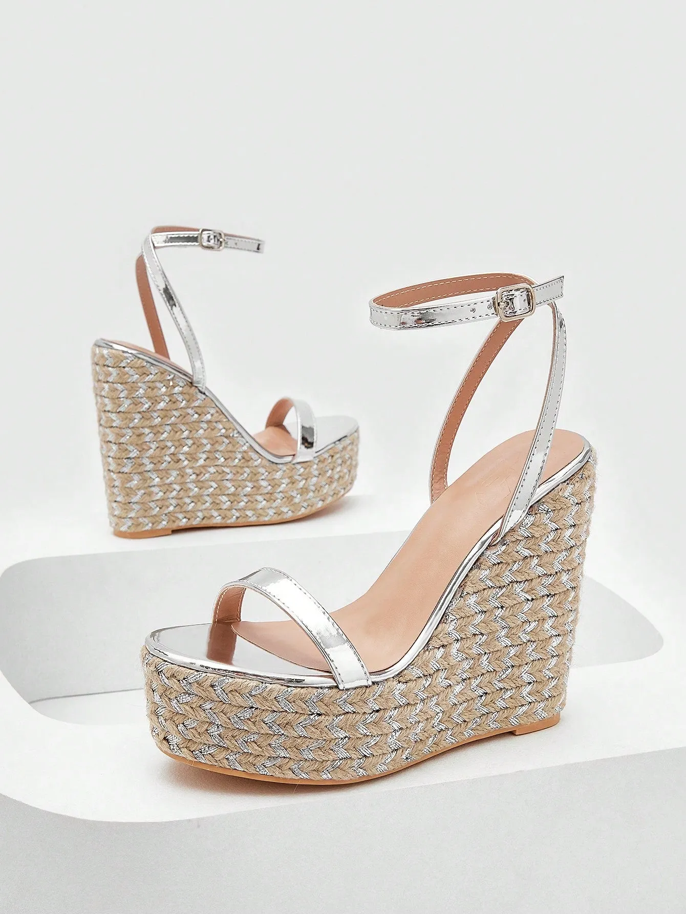 CuccooWomen Metallic Ankle Strap Sandals, Vacation Silver Wedge Sandals